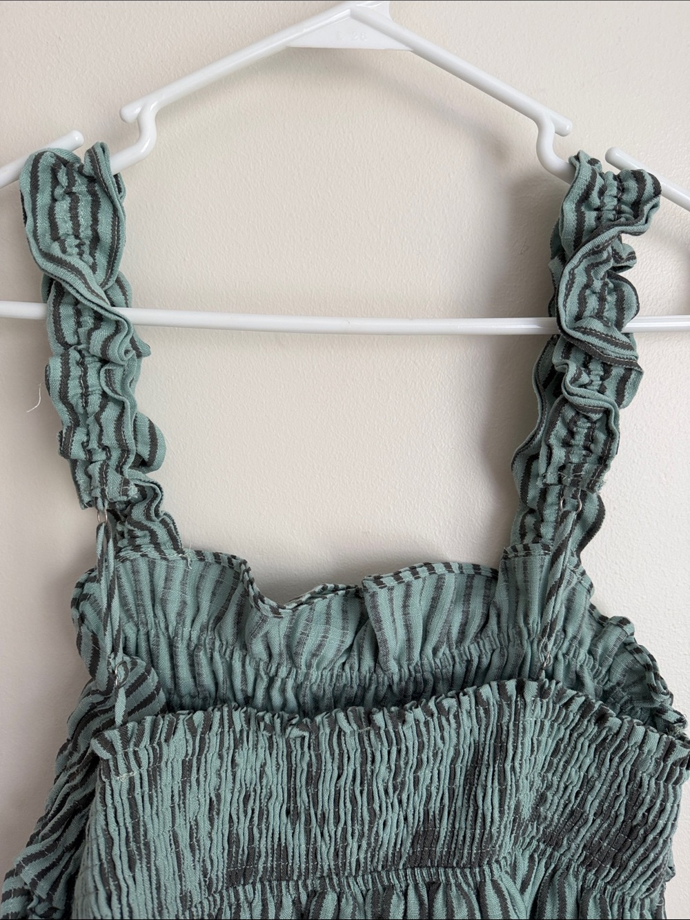 Smocked Ruffle Striped Tank Top - Sage/Teal Green with Charcoal Stripes - Picture 8 of 11